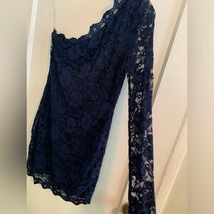 One shoulder navy long sleeve dress